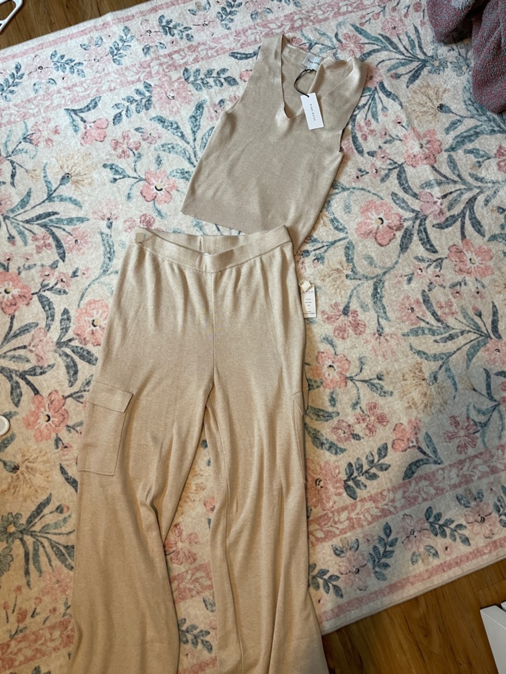 Pink Rose Beige Wide-Leg Pants & Sleeveless Knit Tank Set